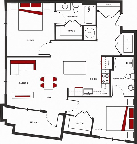 Floor plan for 2 beds, 2 baths, 1194 sqft