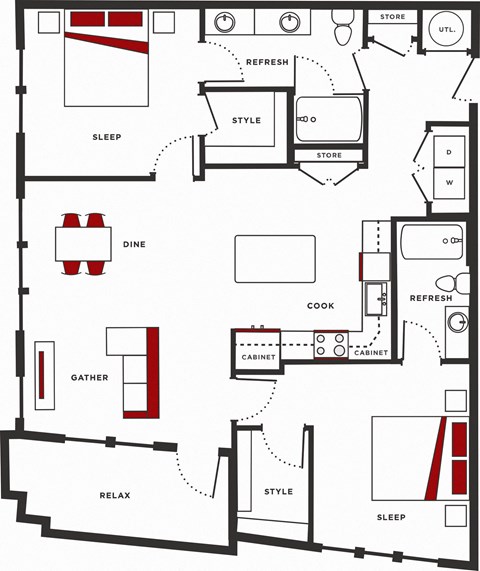 Floor plan for 2 beds, 2 baths, 1198 sqft