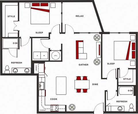 Floor plan for 2 beds, 2 baths, 1247 sqft