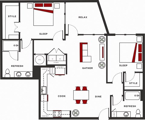 Floor plan for 2 beds, 2 baths, 1247 sqft