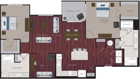Floor plan for 2 beds, 2 baths, 1435 sqft