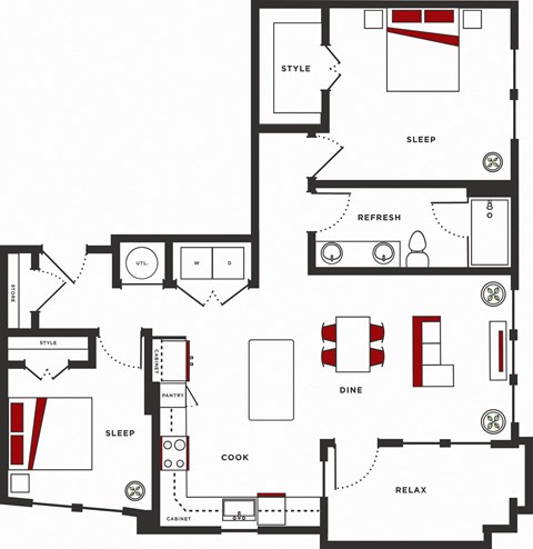 Floor plan for 2 beds, 1 bath, 1009 sqft