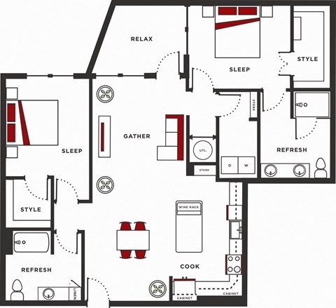 Floor plan for 2 beds, 2 baths, 1389 sqft