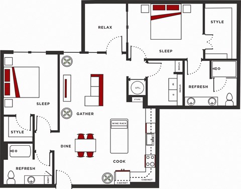 Floor plan for 2 beds, 2 baths, 1320 sqft