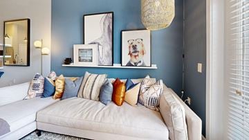 Chapel Hill apartment for rent - A living room with a white couch and a painting of a dog on the wall.