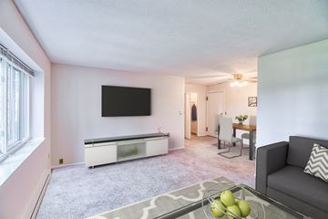 Amherst apartment for rent - A living room with a grey couch, a flat screen TV, and a glass coffee table with fruit on it.