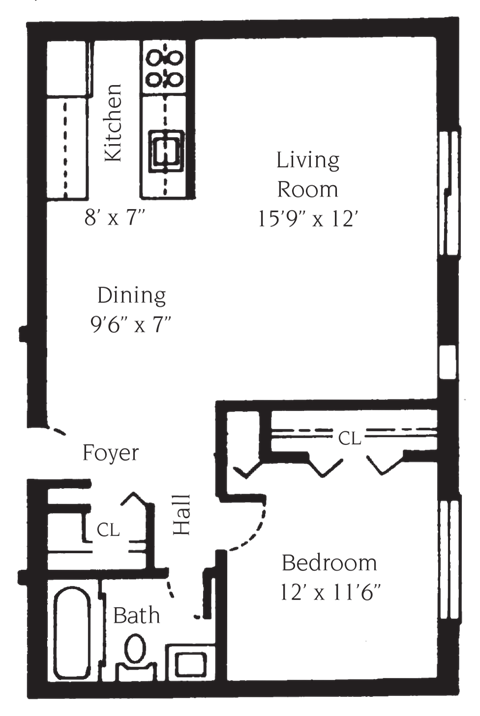 Floor plan for 2 beds, 1.5 baths, 878 sqft