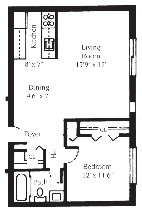 Floor plan for 1 bed, 1 bath, 640 sqft