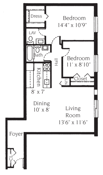Floor plan for 2 beds, 1.5 baths, 900 sqft