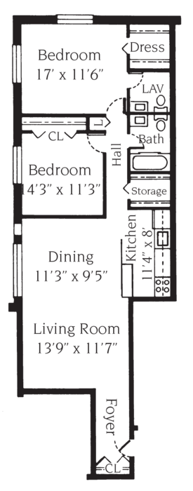 Floor plan for 2 beds, 1.5 baths, 1096 sqft