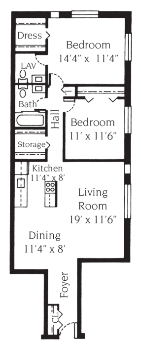 Floor plan for 2 beds, 1.5 baths, 1115 sqft