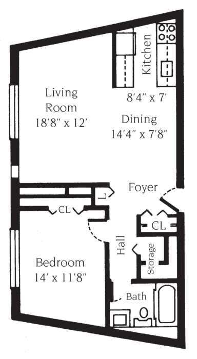 Floor plan for 1 bed, 1 bath, 715 sqft