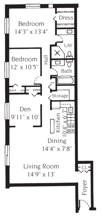 Floor plan for 3 beds, 2 baths, 1214 sqft