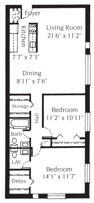 Floor plan for 2 beds, 1.5 baths, 1115 sqft