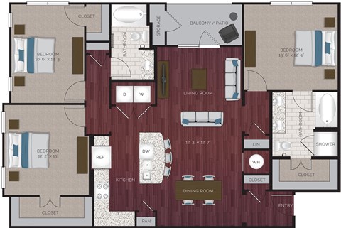 Floor plan for 3 beds, 2 baths, 1460 sqft
