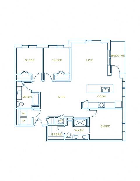 Floor plan for 3 beds, 2 baths, 1482 sqft