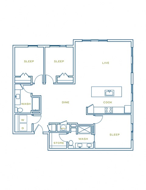 Floor plan for 3 beds, 2 baths, 1558 sqft