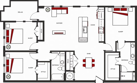 Floor plan for 3 beds, 2 baths, 1483 sqft