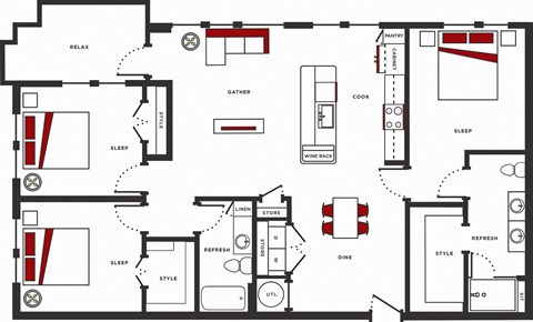 Floor plan for 3 beds, 2 baths, 1483 sqft