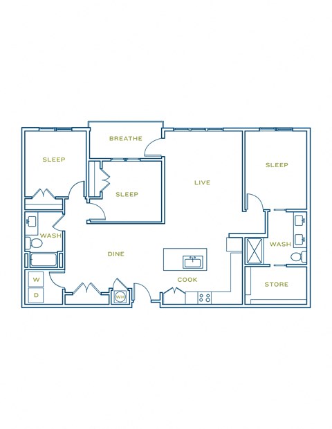 Floor plan for 3 beds, 2 baths, 1617 sqft