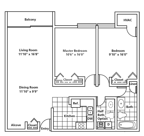 Floor plan for 2 beds, 1 bath, 983 sqft