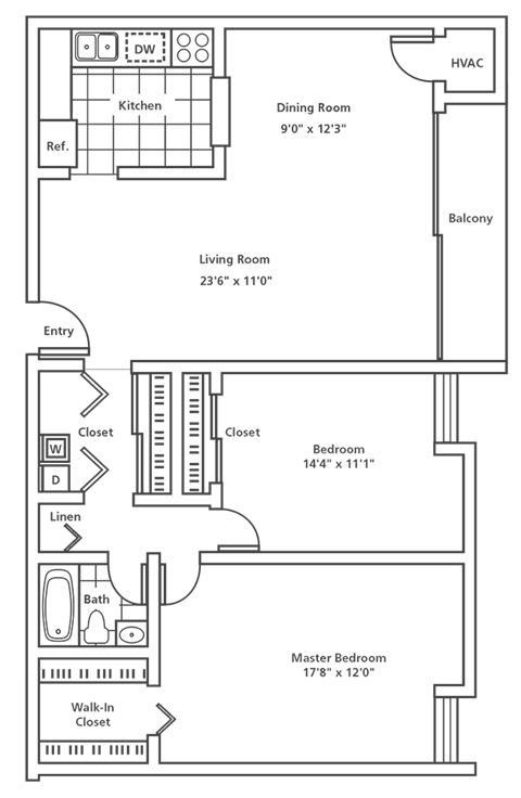 Floor plan for 2 beds, 1 bath, 1089 sqft