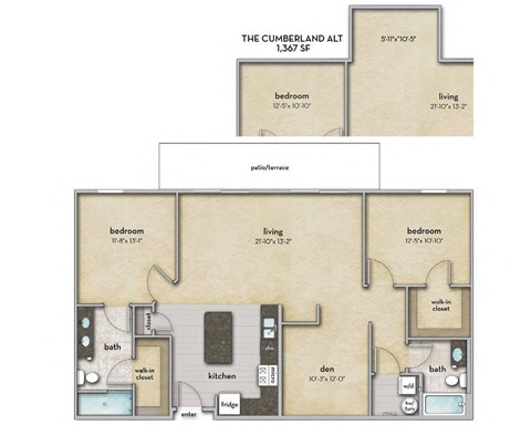 Floor plan for 2 beds, 2 baths, 1292 sqft