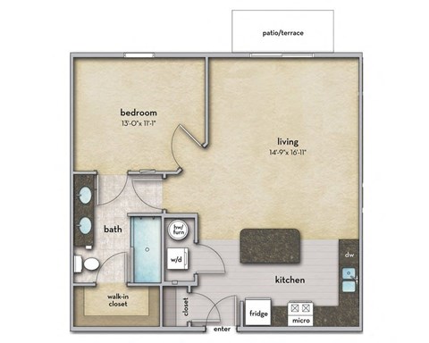 Floor plan for 1 bed, 1 bath, 786 sqft
