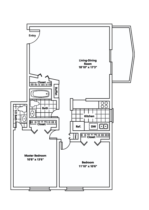 Floor plan for 2 beds, 1.5 baths, 880 sqft