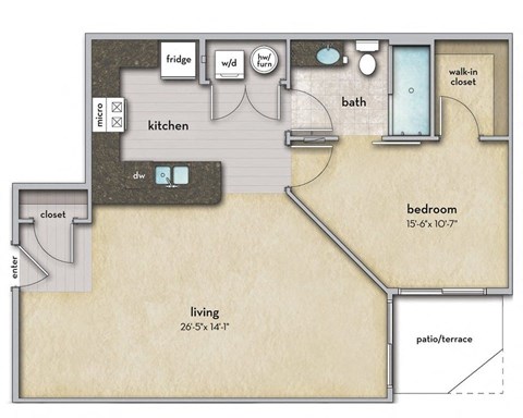 Floor plan for 1 bed, 1 bath, 827 sqft
