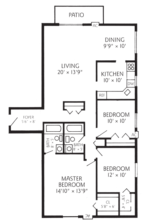 Floor plan for 3 beds, 2 baths, 1149 sqft