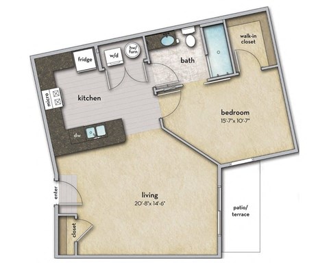 Floor plan for 1 bed, 1 bath, 766 sqft
