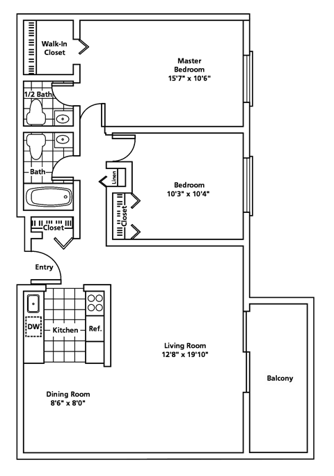 Floor plan for 2 beds, 1.5 baths, 855 sqft