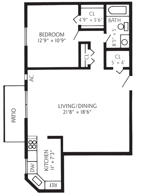 Floor plan for 1 bed, 1 bath, 730 sqft