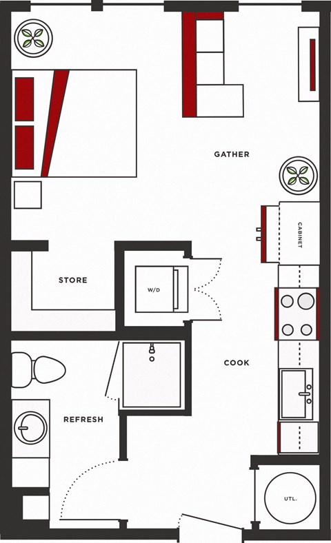 Floor plan for studio, 1 bath, 416 sqft