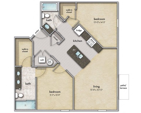 Floor plan for 2 beds, 2 baths, 1110 sqft