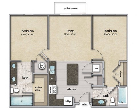 Floor plan for 2 beds, 2 baths, 952 sqft