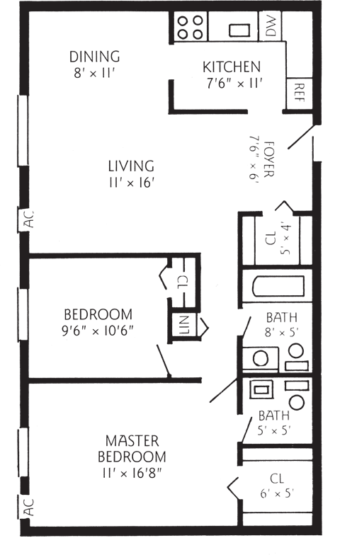 Floor plan for 2 beds, 1.5 baths, 880 sqft