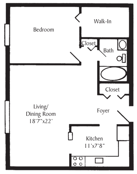 Floor plan for 1 bed, 1 bath, 854 sqft