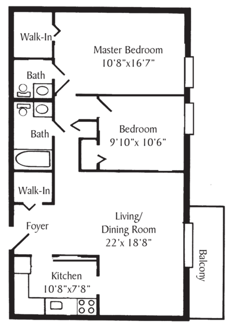 Floor plan for 2 beds, 1.5 baths, 858 sqft