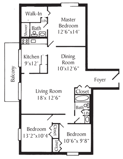 Floor plan for 3 beds, 2 baths, 1031 sqft