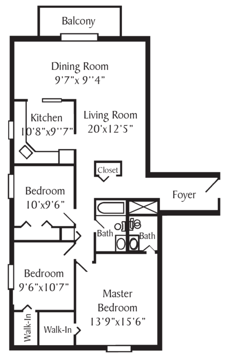 Floor plan for 3 beds, 2 baths, 1031 sqft