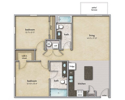 Floor plan for 2 beds, 2 baths, 1152 sqft