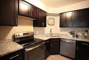 Mayfield Heights apartment for rent - A kitchen with black cabinets and granite countertops.