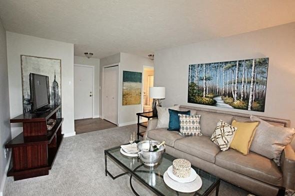 Mayfield Heights apartment for rent - A living room with a couch, coffee table, and a painting on the wall.