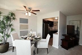 Mayfield Heights apartment for rent - A dining room with a table set for six with a plant in a pot on the left.