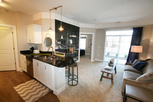 Rocky River apartment for rent - A modern kitchen with white cabinets and a black countertop.