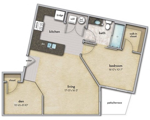 Floor plan for 1 bed, 1 bath, 876 sqft