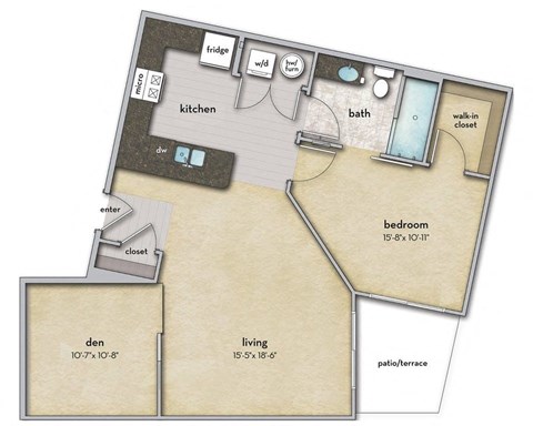Floor plan for 1 bed, 1 bath, 913 sqft