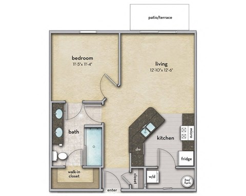 Floor plan for 1 bed, 1 bath, 684 sqft